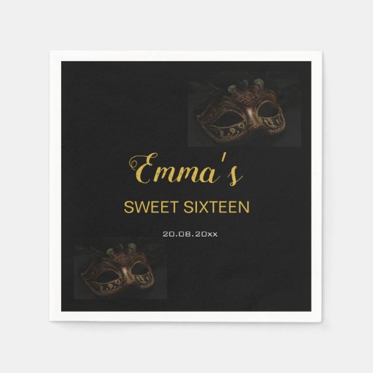 Stylish Black & Gold Masquerade Masker 16 Birthday Servet (Voorkant)
