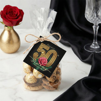 Stylish Black Gold Red Rose 50th Birthday Party Bedankjes Labels
