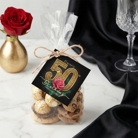 Stylish Black Gold Red Rose 50th Birthday Party Bedankjes Labels