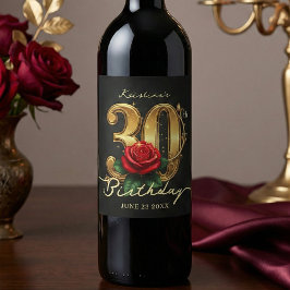 Stylish Black Gold Red Rose Floral 30th Birthday Wijn Etiket