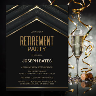 Stylish Black Gold Retirement Party Kaart