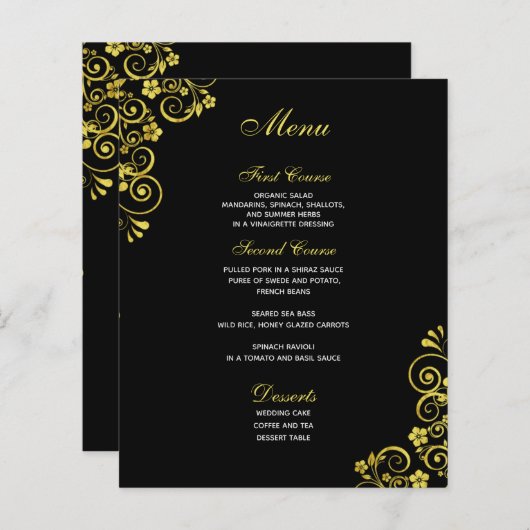 Stylish Black Gold Swirl Wedding Menu (Voorkant / Achterkant)