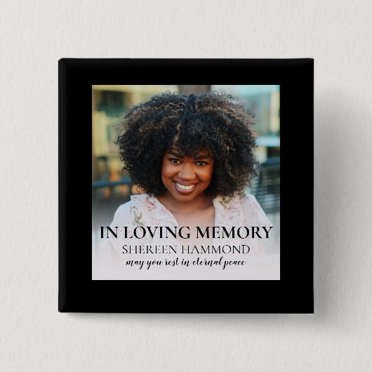 Stylish Black Square Photo Funeral Button (Voorkant)