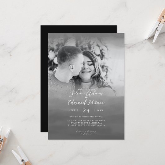Stylish Black Waterverf Overlay Photo Wedding Kaart (Voorkant / Achterkant in situ)