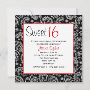 Stylish Black & White Paisley Sweet 16 Birthday Kaart