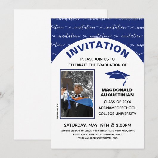 Stylish Blue Afstuderen Fotouitnodiging Kaart (Voorkant / Achterkant)