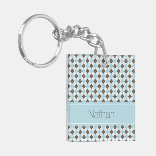 Stylish Blue and Brown Personalised Argyle Pattern Sleutelhanger (Voorkant Links)