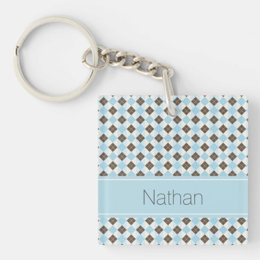 Stylish Blue and Brown Personalised Argyle Pattern Sleutelhanger (Voorkant)