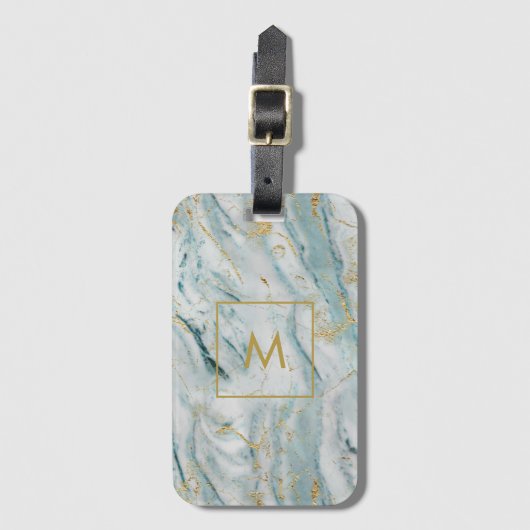 Stylish Blue and Gold Marble Monogram Bagagelabel (Voorkant (verticaal))