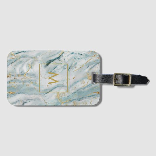 Stylish Blue and Gold Marble Monogram Bagagelabel (Voorkant (horizontaal))