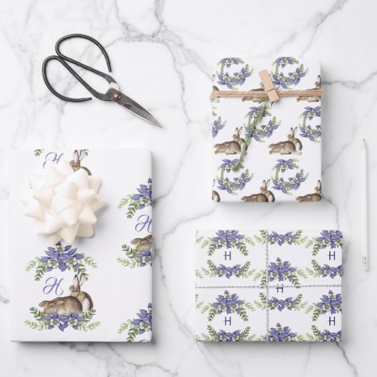 Stylish Blue Floral Rabbit Waterverf Cute Bunny Inpakpapier Vel (Voorkant)