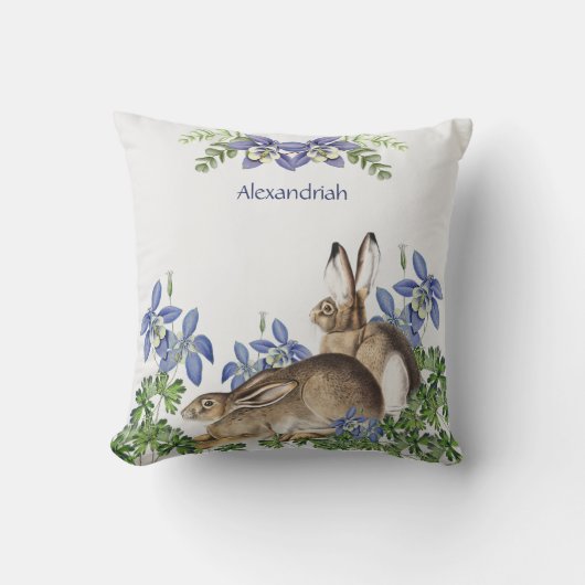 Stylish Blue Floral Rabbit Waterverf Cute Bunny Kussen (Voorkant)