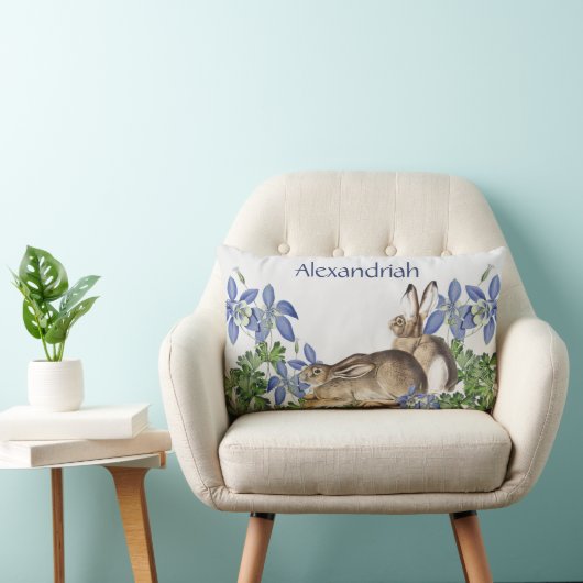 Stylish Blue Floral Rabbit Waterverf Cute Bunny Kussen (Stoel)