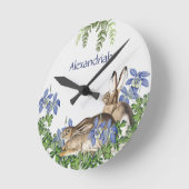 Stylish Blue Floral Rabbit Waterverf Cute Bunny  Ronde Klok (Hoek)