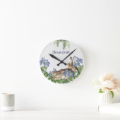Stylish Blue Floral Rabbit Waterverf Cute Bunny  Ronde Klok (Huis)