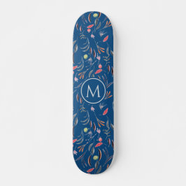 Stylish Blue Floral Waterverf MONOGRAM Persoonlijk Skateboard