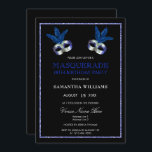 Stylish Blue Glitter Masquerade 18th Birthday Kaart<br><div class="desc">Moderne, fashionable masquerade 18e verjaardagsfeest uitnodigingen in prachtige, lichtblauwe glitterkleuren. Met een blauw lijst aan de rand in lichtblauwe en zilverkleuren op een zwarte achtergrond met twee maskerade maskers in blauwe en zilverkleurige kleuren boven aan de uitnodiging. Alle tekst kan volledig worden aangepast aan uw behoeften. Sweet, klare, schattige kaarten...</div>