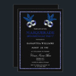 Stylish Blue Glitter Masquerade 18th Birthday Kaart<br><div class="desc">Moderne, fashionable masquerade 18e verjaardagsfeest uitnodigingen in prachtige, lichtblauwe glitterkleuren. Met een blauw lijst aan de rand in lichtblauwe en zilverkleuren op een zwarte achtergrond met twee maskerade maskers in blauwe en zilverkleurige kleuren boven aan de uitnodiging. Alle tekst kan volledig worden aangepast aan uw behoeften. Sweet, klare, schattige kaarten...</div>