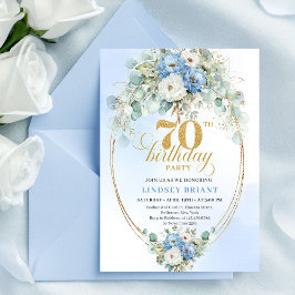 Stylish Blue Gold Floral 70th Birthday Invitation  Kaart