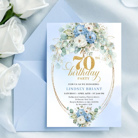 Stylish Blue Gold Floral 70th Birthday Invitation Kaart
