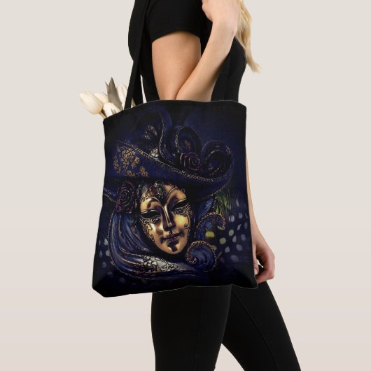 Stylish Blue Gold Venetian Carnival Mask Tote Bag (Dichtbij)