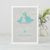 Stylish Blue Grey Dinosaur Baby shower Invitation Kaart (Staand voorkant)