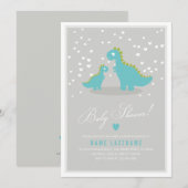 Stylish Blue Grey Dinosaur Baby shower Invitation Kaart (Voorkant / Achterkant)