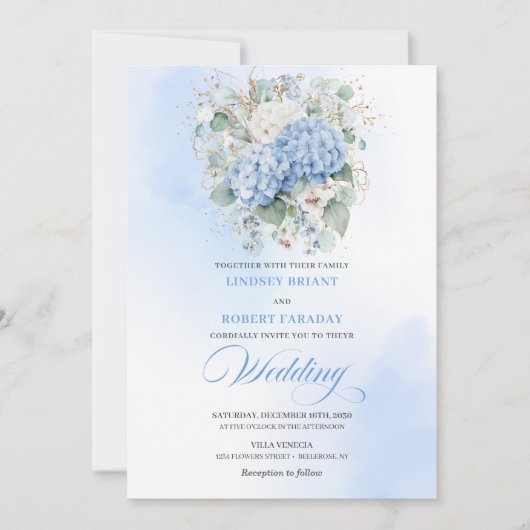 Stylish Blue Hydrangea Eucalyptus Wedding Invite Kaart (Voorkant)