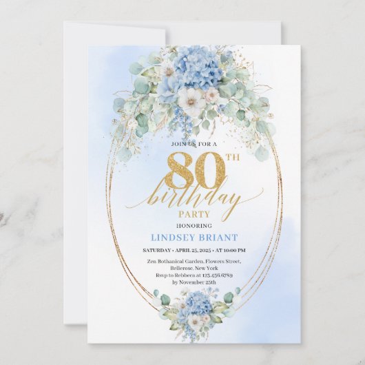 Stylish Blue Hydrangea Gold Accent 80th Birthday Kaart (Voorkant)
