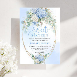 Stylish Blue Hydrangea Gold Accent Sweet Sixteen Kaart