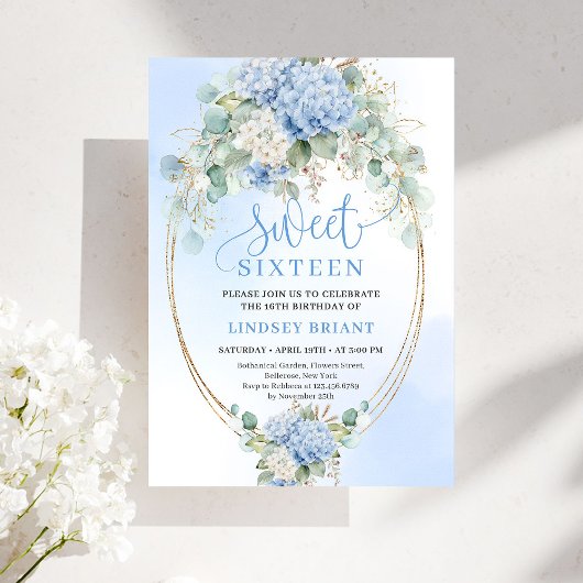 Stylish Blue Hydrangea Gold Accent Sweet Sixteen Kaart