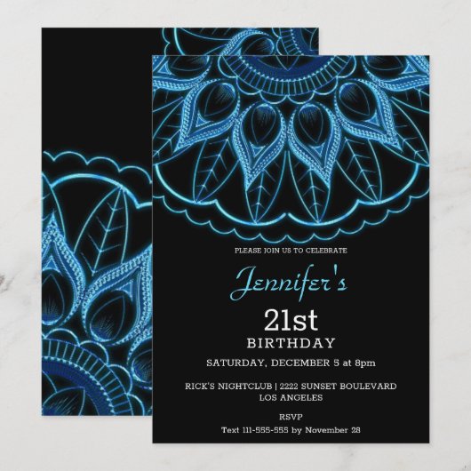 Stylish Blue Mandala Birthday Uitnodiging (Voorkant / Achterkant)