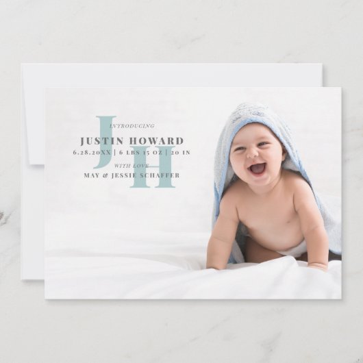 Stylish Blue Monogram Baby Foto Birth Aankondiging (Voorkant)