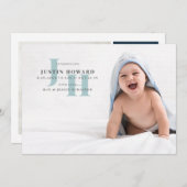 Stylish Blue Monogram Baby Foto Birth Aankondiging (Voorkant / Achterkant)