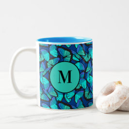 Stylish Blue Morpho Butterfly Pattern Monogramed Tweekleurige Koffiemok
