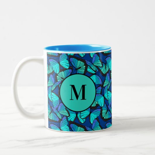 Stylish Blue Morpho Butterfly Pattern Monogramed Tweekleurige Koffiemok (Links)