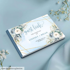 Stylish Blue Peonies White Gold Wedding Guest Book Gastenboek