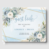 Stylish Blue Peonies White Gold Wedding Guest Book Gastenboek (Voorkant)