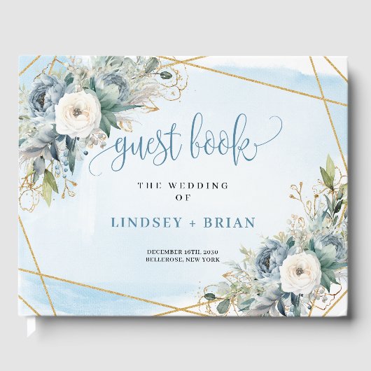 Stylish Blue Peonies White Gold Wedding Guest Book Gastenboek (Voorkant)