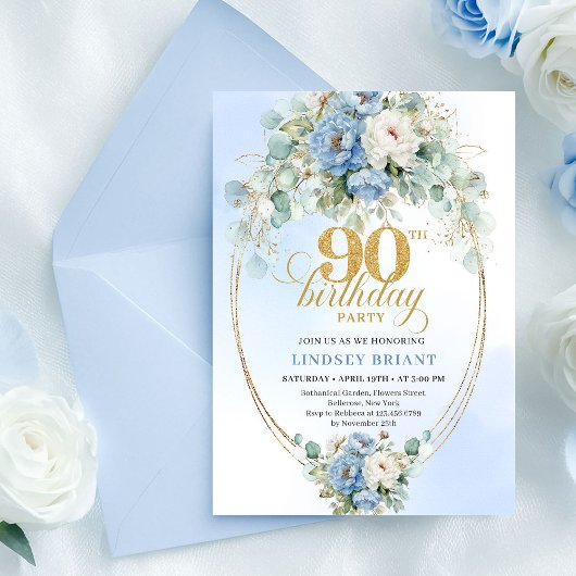 Stylish Blue Peony Gold Frame 90th Birthday Invite Kaart