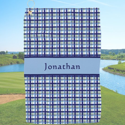 Stylish Blue Plaid Personalized Name Golfhanddoek