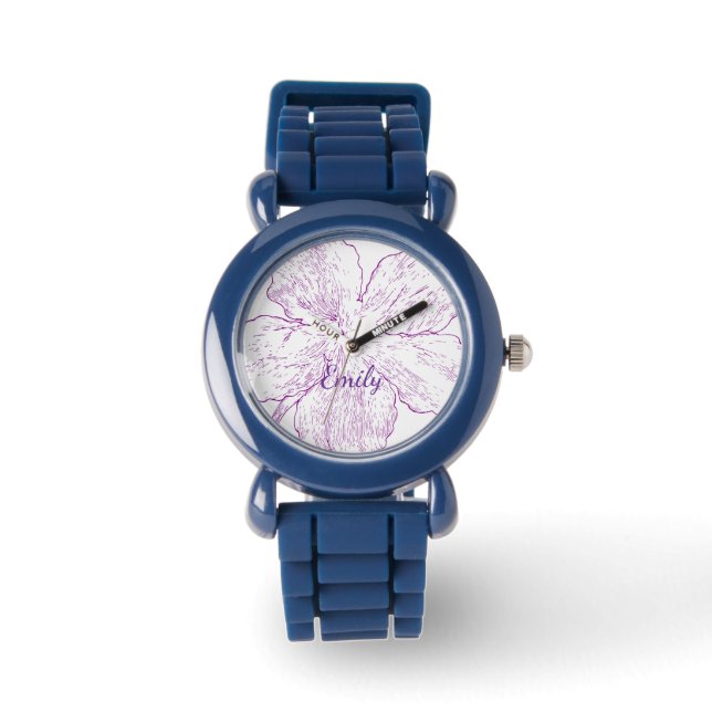 Stylish Blue Silicone Floral Kids Personalized Horloge (Voorkant)