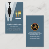 Stylish Blue Tuxedo Suit Waiter Gold Cutlery Visitekaartje (Voorkant / Achterkant)