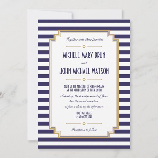 Stylish Blue White Nautical Wedding Invitation Kaart (Voorkant)