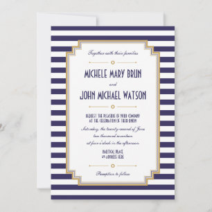 Stylish Blue White Nautical Wedding Invitation Kaart