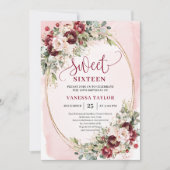 Stylish Blush Burgundy Floral Sweet Sixteen Invite Kaart (Voorkant)
