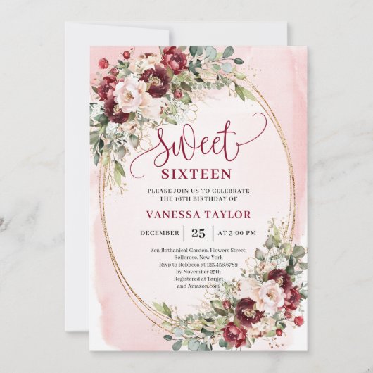 Stylish Blush Burgundy Floral Sweet Sixteen Invite Kaart (Voorkant)