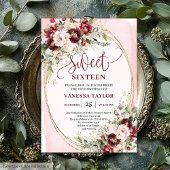 Stylish Blush Burgundy Floral Sweet Sixteen Invite Kaart