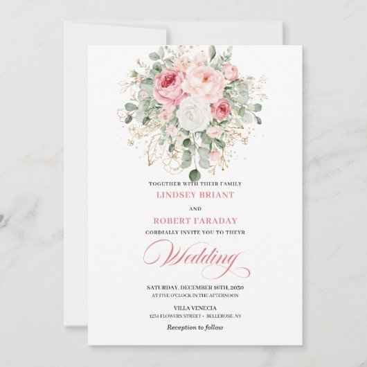 Stylish Blush Peony Gold Glitter Wedding Invite Kaart (Voorkant)