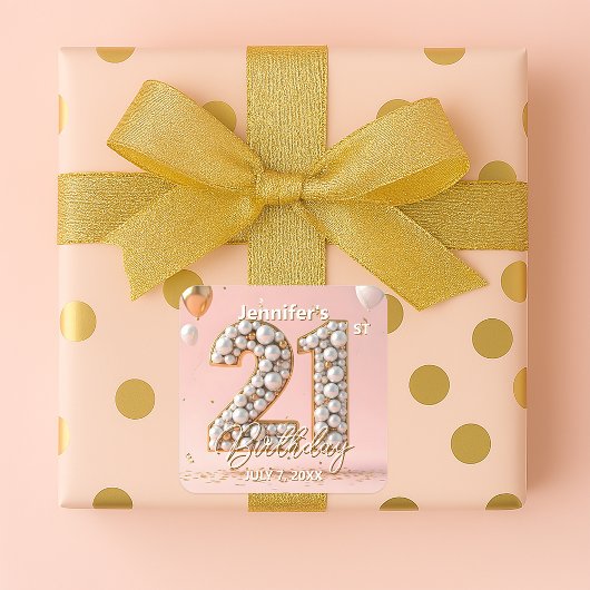 Stylish Blush Pink and Gold Pearly 21st Birthday Vierkante Sticker